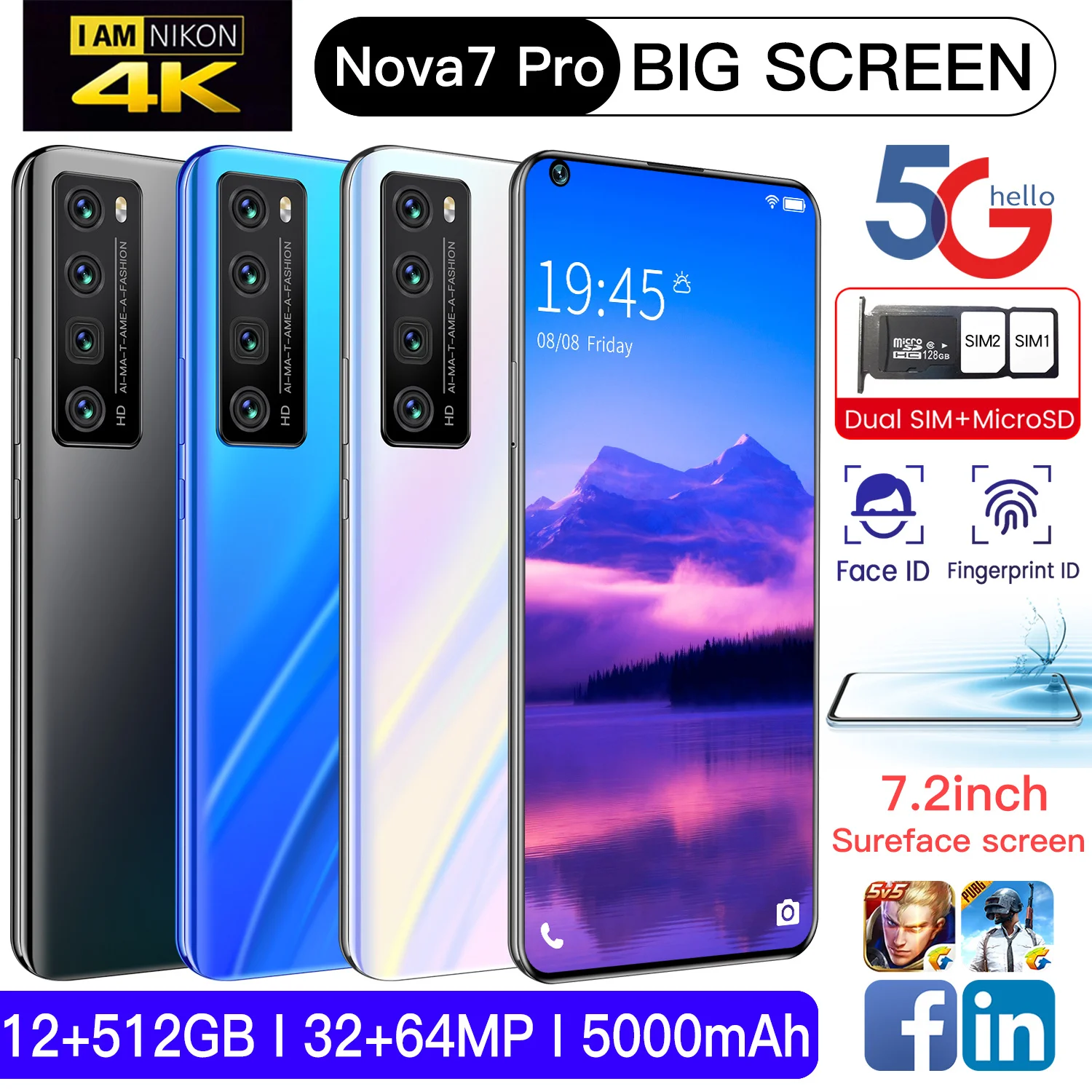 Global version Nova7Pro 7.2inch screen mobile phones 12GB+512GB 4G 5G Let network smart phones 5000mAH phone MTK6899 Cell phone
Global version Nova7Pro 7.2inch screen mobile phones 12GB+512GB 4G 5G Let network smart phones 5000mAH phone MTK6899 Cell phone