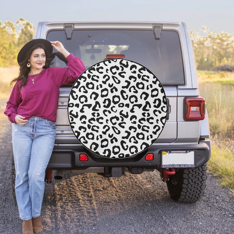 

White Cheetah / Leopard Print - Spare Tire Cover for Jeep Wrangler, Jeep Liberty, 2021 Bronco, RV, Camper - Optional