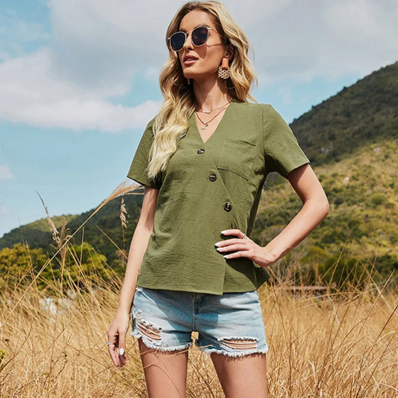 Oblique Button Army Green Short Sleeves Ladies Blouse 2021 Summer Spring New Fashion Casdual V Neck Female Chic Blouse
Oblique Button Army Green Short Sleeves Ladies Blouse 2021 Summer Spring New Fashion Casdual V Neck Female Chic Blouse