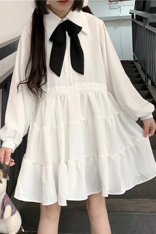 Japanese kawaii clothing sweet lolita dress Bow Lapel Lantern Sleeve Design Waist Hugging Lace-up Ruffles Women Autumn
Japanese kawaii clothing sweet lolita dress Bow Lapel Lantern Sleeve Design Waist Hugging Lace-up Ruffles Women Autumn