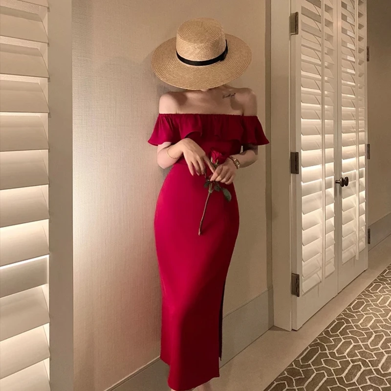 Summer Red Strapless Dress Ruffle Sexy Split Bodycon Dresses One-Shoulder Elegant Midi Dress 2021 Feme Robe
Summer Red Strapless Dress Ruffle Sexy Split Bodycon Dresses One-Shoulder Elegant Midi Dress 2021 Feme Robe
