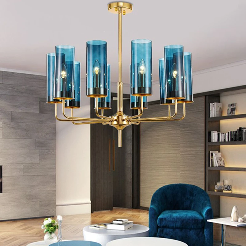 

Blue/Cognac Nordic Hang Lamp Living Dining Room Bedroom Lndoor Light Fixture Modern Luxury Glass Chandelier Lighting 6-15 Heads