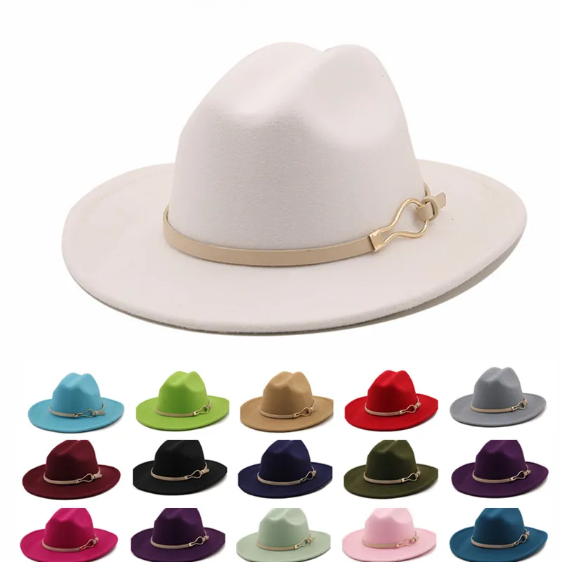 

Новое поступление, женские и мужские шляпы-федоры с широкими полями, Бежевая Шляпа-трилби с ремнем, модная фетровая шляпа