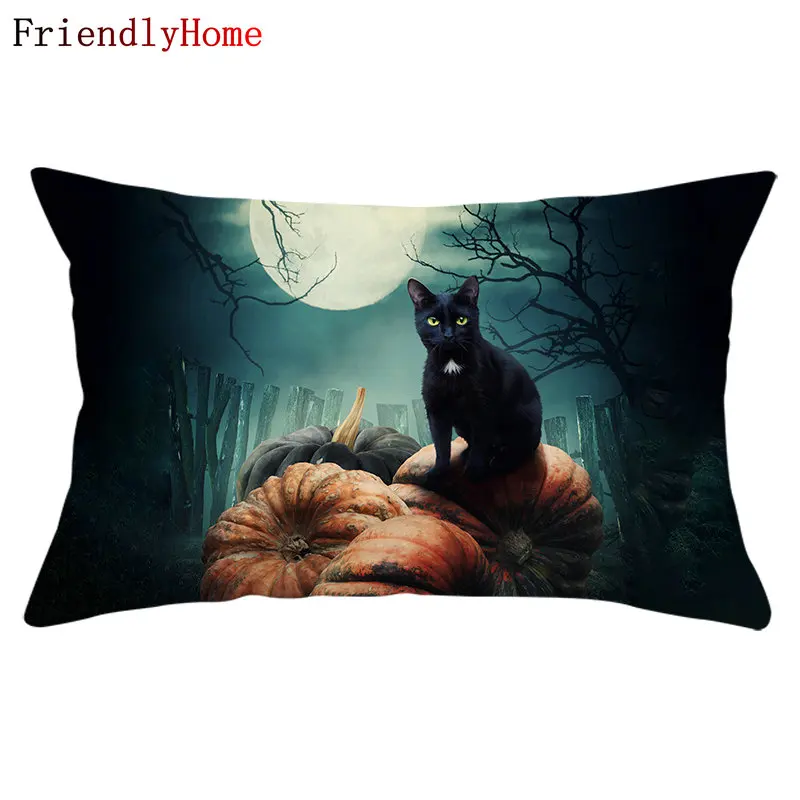 

3D Black Cat Pillow Cover Pumpkin Print Cushion Covers Sofa Decorative 30*50cm Halloween Night Chair Car Throw Pillows Case