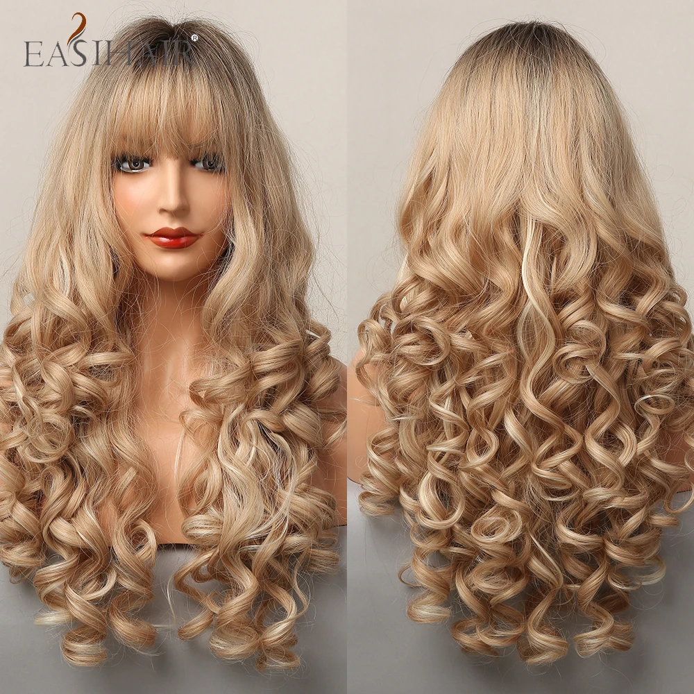 

EASIHAIR Ombre Brown Champagne Blonde Highlight Long Loose Wave Synthetic Hair Wigs with Bang Heat Resistant Fake Hair for Women