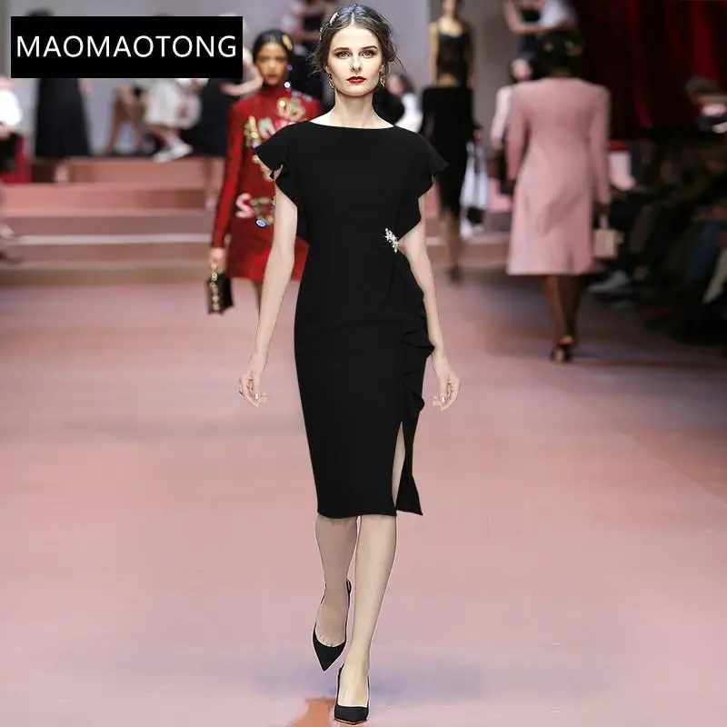 Fashion Designer Dress Summer Women's Dress O-Neck Ruffle Short Sleeve Brooch Sheath Ladies Black Midi Dress
Fashion Designer Dress Summer Women's Dress O-Neck Ruffle Short Sleeve Brooch Sheath Ladies Black Midi Dress