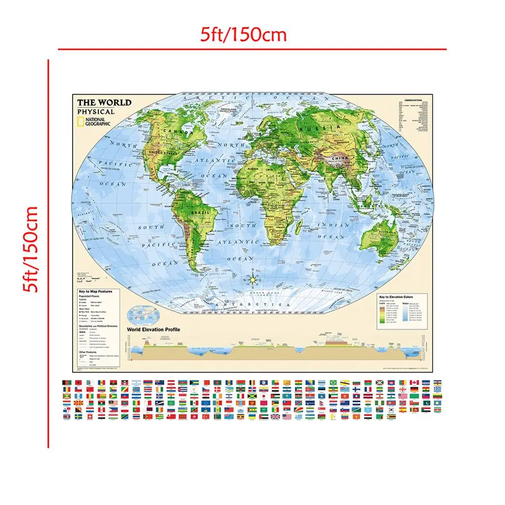 150x150 см карта мира профиль высоты с ключом к карте характеристики и цвета