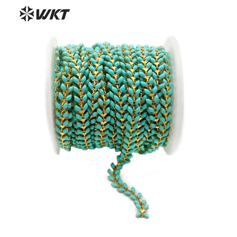 

WT-RBC111 WKT Green Colors Resin Brass V Chain Gold Wire Wrapped Rosary Chain 5 Meter For Women Fashion Jewelry