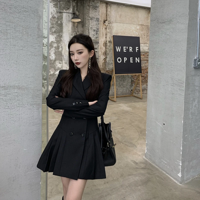 Preppy Style Female Long Sleeve Dress Autumn Spring Black High Waist Skirt Elegant Suit Collar Fashion Pleated Short Dress Noble
Preppy Style Female Long Sleeve Dress Autumn Spring Black High Waist Skirt Elegant Suit Collar Fashion Pleated Short Dress Noble