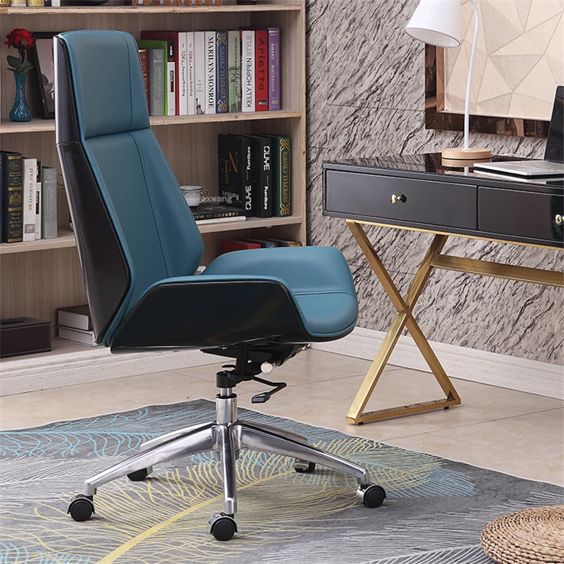 

Office ChairsWooden High Back Pulley Home Leisure Leather Computer Chair Bedroom Furniture Nordic Luxury Gaming Swivel Chair