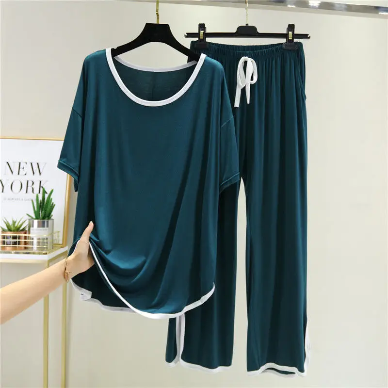 Women 2021 Summer Fashion 2 Piece Sets Female Short-sleeved O-neck Loose Tops Ladies Wide-leg Trousers Modal Pajamas Suits J108
Women 2021 Summer Fashion 2 Piece Sets Female Short-sleeved O-neck Loose Tops Ladies Wide-leg Trousers Modal Pajamas Suits J108