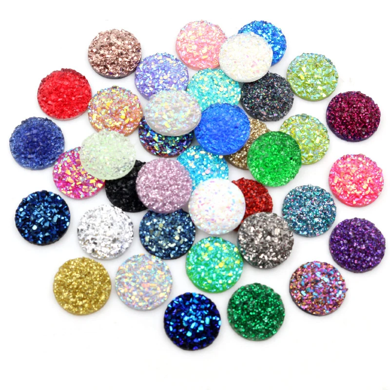 

New Fashion 40pcs 8mm 10mm 12mm Mix Colors Druzy Natural Stone Convex Flat back Resin Cabochons Jewelry Accessories Supplies