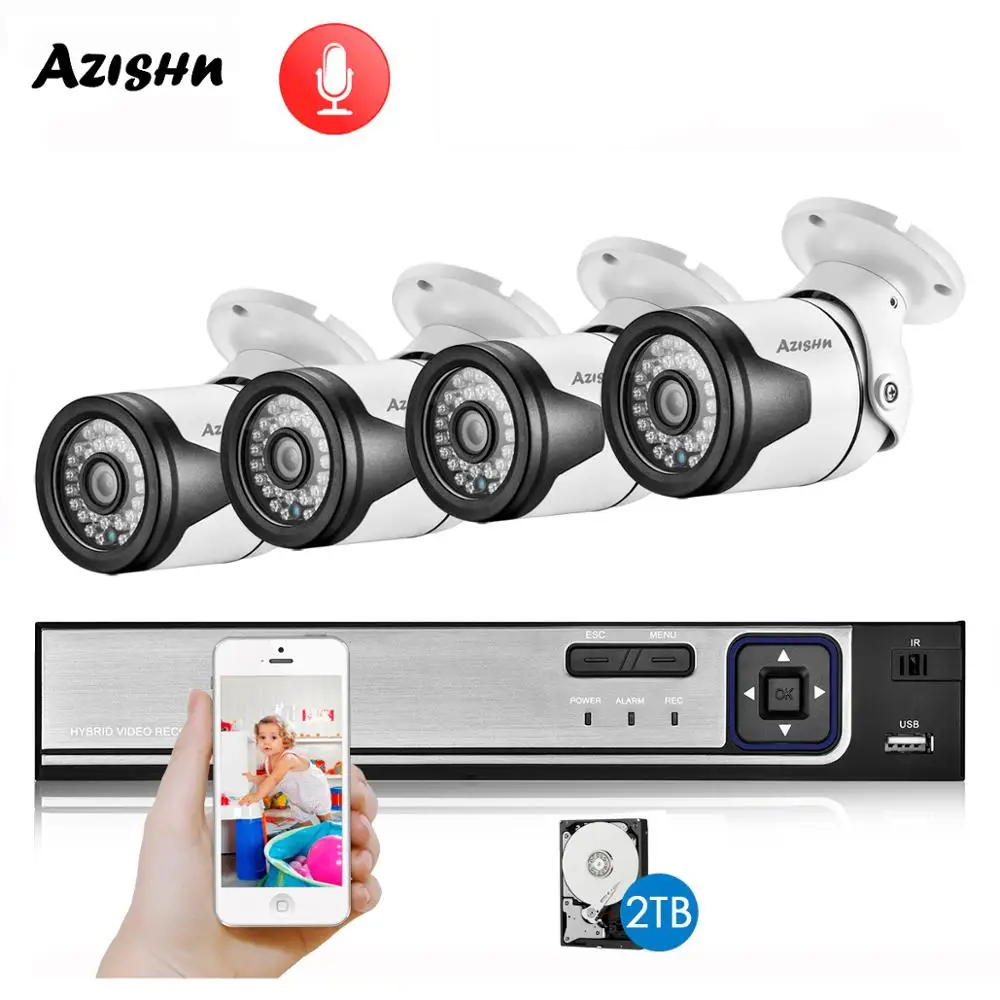 

AZISHN H.265AI 4CH POE CCTV Security System NVR Kit 5MP 4MP 2MP PoE IP Camera Audio 36IR Outdoor IP66 P2P Video Surveillance Set