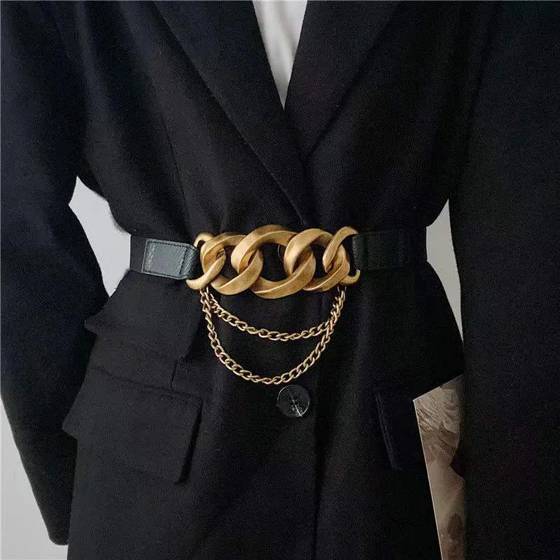 Фото Универсальный женский модный эластичный декоративный ремень с золотистой