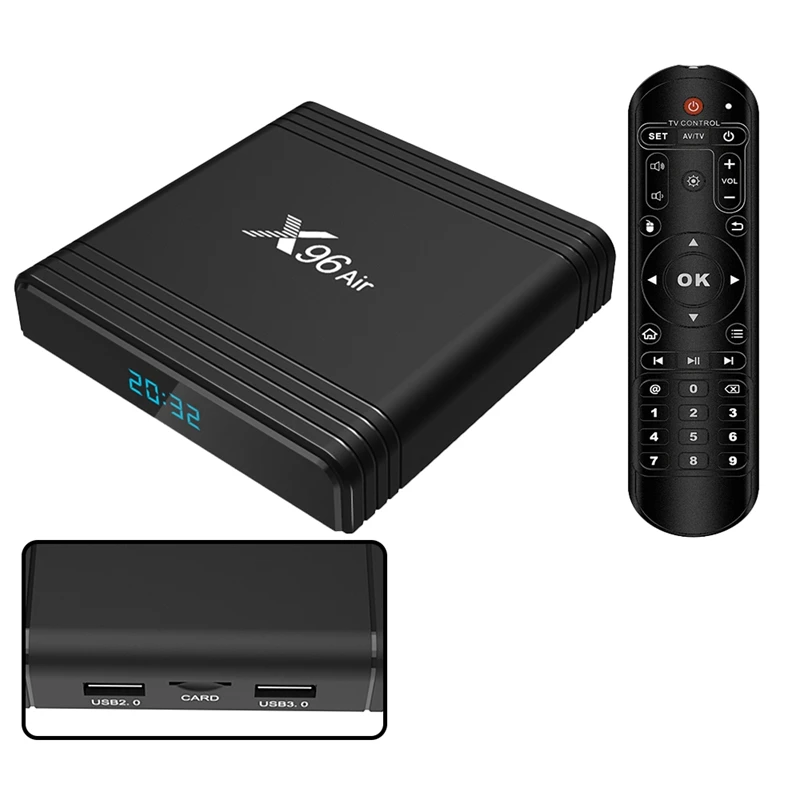 X96Air Set-Top Box S905X3 Quad Core ARM Cortex A53 4G+64G Android 9.0 with BT+2.4G+5G WiFi Network TV Box Player
X96Air Set-Top Box S905X3 Quad Core ARM Cortex A53 4G+64G Android 9.0 with BT+2.4G+5G WiFi Network TV Box Player