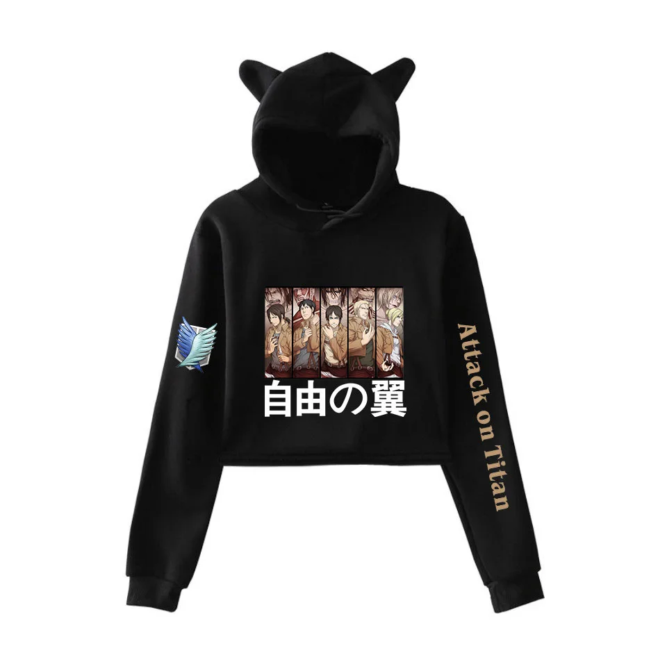 Hot Anime Attack on Titan Crop Top Hoodie Hip Hop Streetwear Kawaii Cat Ear Cropped Short Sweatshirt Hooded Pullover Women Tops
Hot Anime Attack on Titan Crop Top Hoodie Hip Hop Streetwear Kawaii Cat Ear Cropped Short Sweatshirt Hooded Pullover Women Tops
