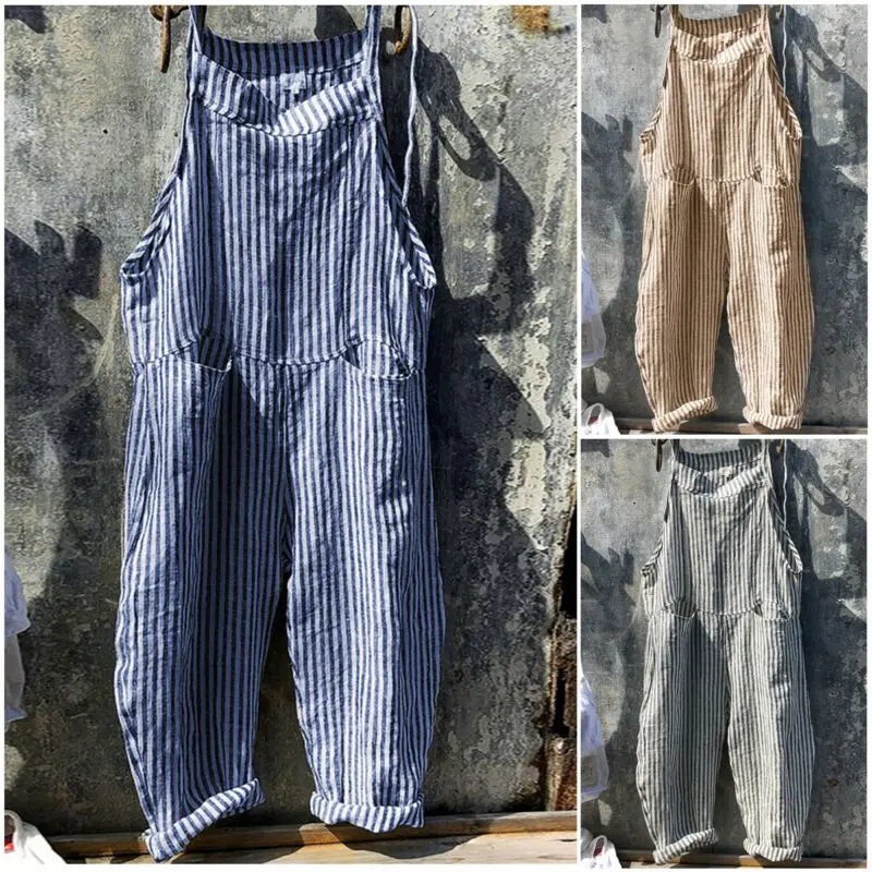 Summer Women Striped Linen Cotton Jumpsuit Long Pants Wide Leg Overalls Summer Casual Sleeveless Spaghetti Strap Loose Jumpsuits 
Summer Women Striped Linen Cotton Jumpsuit Long Pants Wide Leg Overalls Summer Casual Sleeveless Spaghetti Strap Loose Jumpsuits