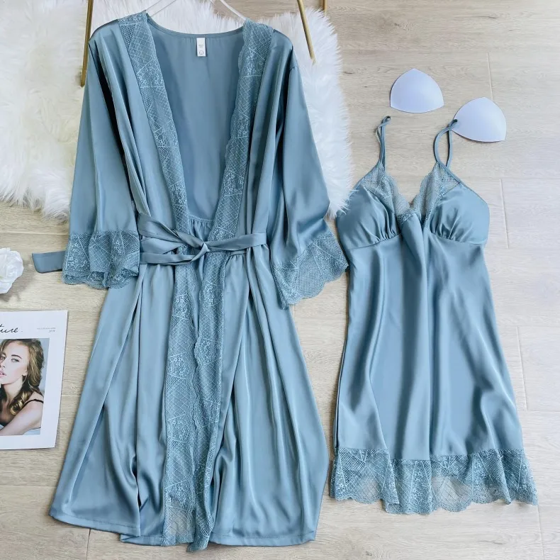 

Twinset Robe Set Women Sexy Sleepwear Lace Nightgown V-Neck Intimate Lingerie Summer Rayon Kimono Bath Gown Loose Home Dressing