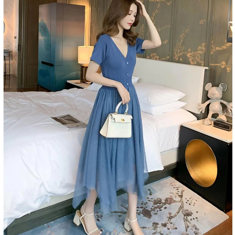 Womens Maxi Dress Knitted Mesh Stitching Short Sleeve V-neck Long Dresses Vestido Feminino
Womens Maxi Dress Knitted Mesh Stitching Short Sleeve V-neck Long Dresses Vestido Feminino