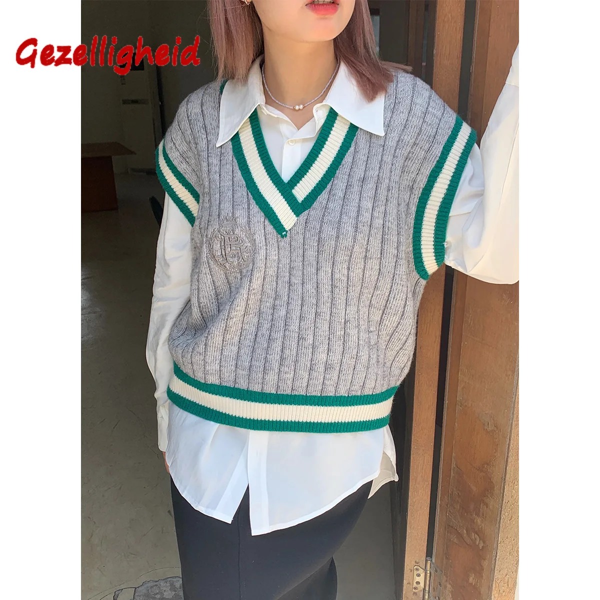 Gezelligheid 2021 Fall Oversize V Neck Pullover Sweater Womens Loose Knit Vest for Girls Academy Style Y2k Tops
Gezelligheid 2021 Fall Oversize V Neck Pullover Sweater Womens Loose Knit Vest for Girls Academy Style Y2k Tops