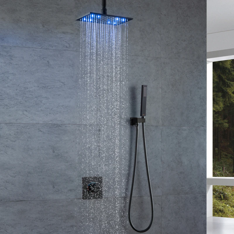 Matte Black Hot And Cold Brass Shower Head 8 X 12 Inch Overhead Rainfall LED With Handheld
Matte Black Hot And Cold Brass Shower Head 8 X 12 Inch Overhead Rainfall LED With Handheld