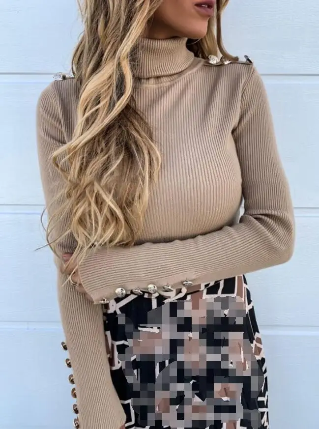 Women Turtleneck Buttoned Detail Sweater Casual Solid High Neck Sweater Pullover Tops