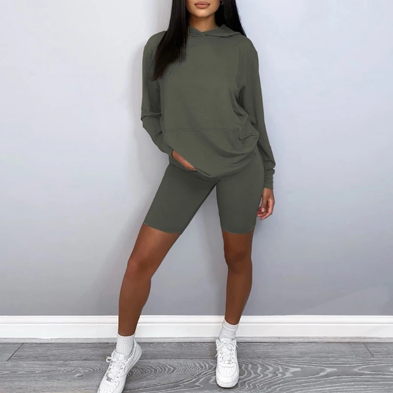 Women Autumn 2 Piece Workout Outfits Set Long Sleeve Pullover Hooded Sweatshirt High Waist Bodycon Biker Shorts Solid Color Trac
Women Autumn 2 Piece Workout Outfits Set Long Sleeve Pullover Hooded Sweatshirt High Waist Bodycon Biker Shorts Solid Color Trac