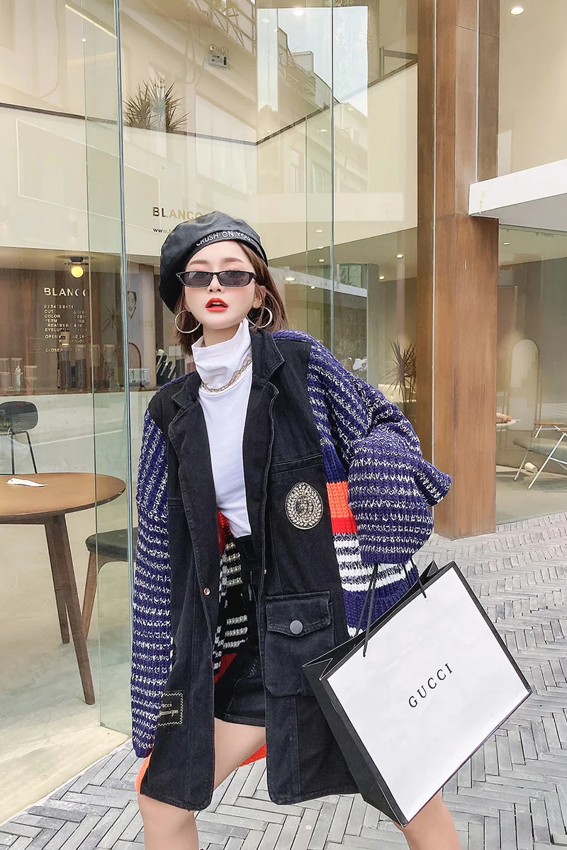 European Station 2021 Winter new Rainbow Sweater Stitching Denim Suit Thickening Cardigan Mid-length Western Style Jacket Loose 
European Station 2021 Winter new Rainbow Sweater Stitching Denim Suit Thickening Cardigan Mid-length Western Style Jacket Loose