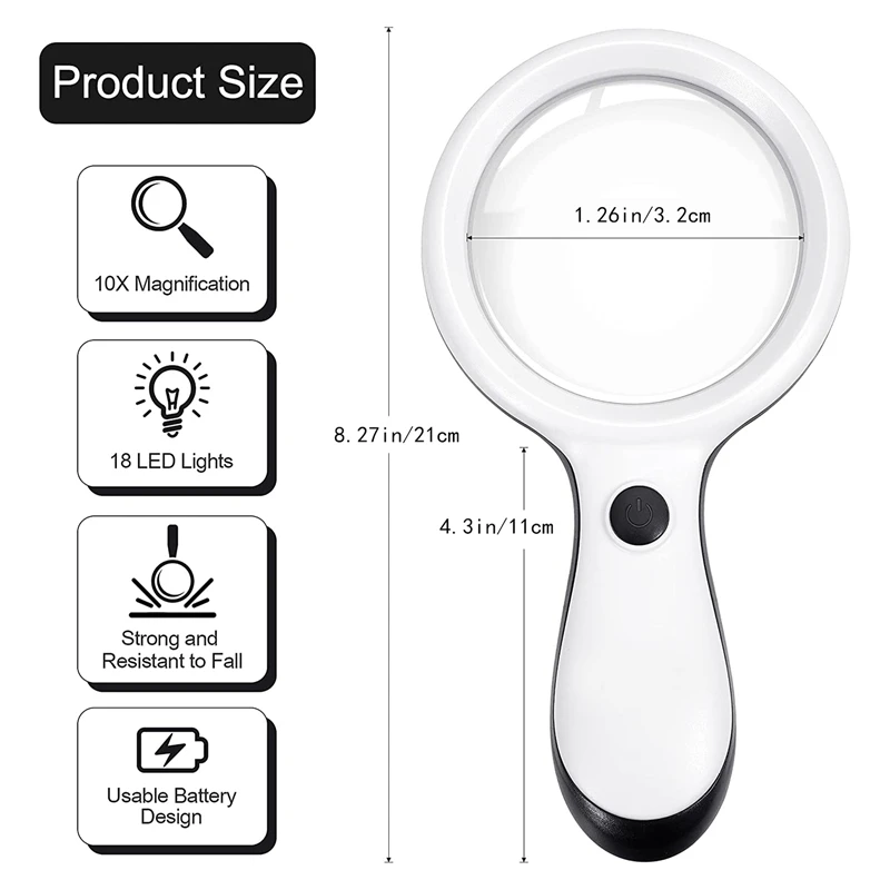 Handheld Magnifier with Light 10X Magnification Portable Magnifying 18 LED Light for Seniors Reading Inspection
Handheld Magnifier with Light 10X Magnification Portable Magnifying 18 LED Light for Seniors Reading Inspection