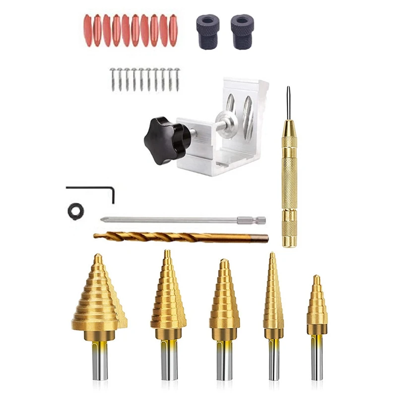 All-In-One Pocket Hole Jigs Set Aluminum Pocket Hole Woodworking Tools With 6Pcs HSS Titanium Coated Step Drill Bit
All-In-One Pocket Hole Jigs Set Aluminum Pocket Hole Woodworking Tools With 6Pcs HSS Titanium Coated Step Drill Bit