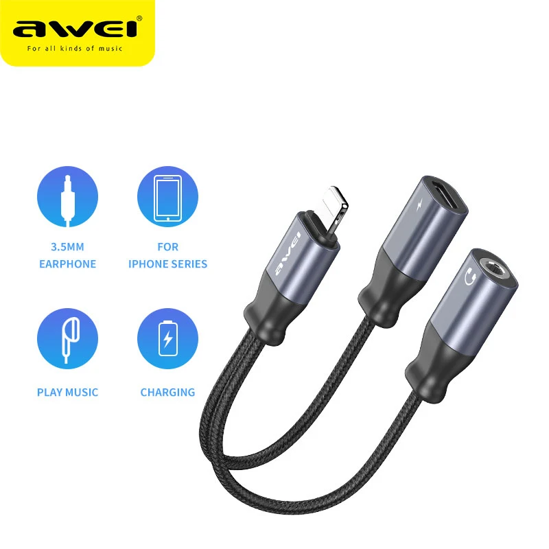 

AWEI CL-73 For iP Male To 3.5mm Audio Aux Cables Jack Headphones iP Female Adapter Charging For iPhone 11,12 Pro Max