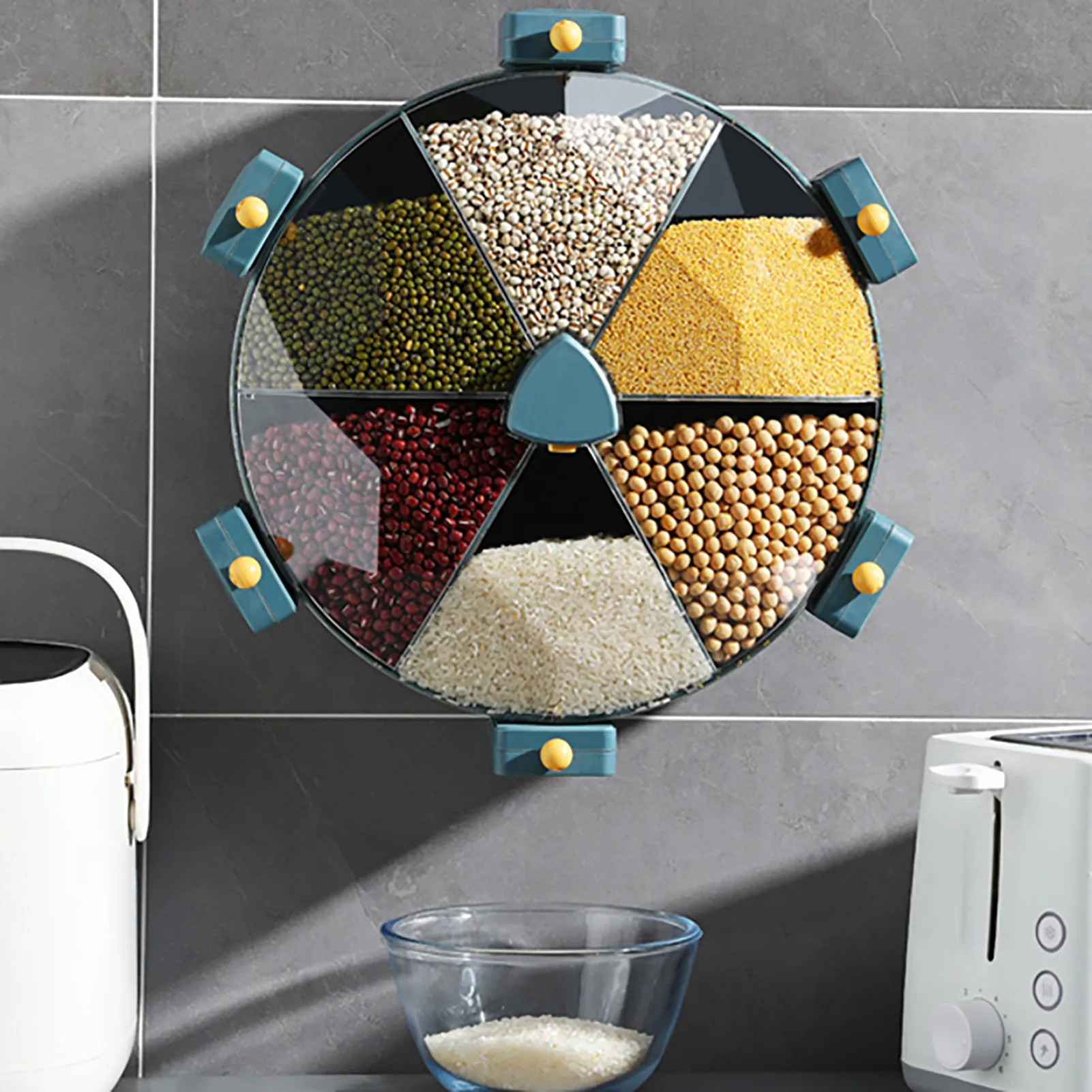 8.5L Rotating Food Dispenser 6-Grid Dry Food Fruit Rice Storage Box Plastic Divided Cells Wall Mounted Kitchen Organizer
8.5L Rotating Food Dispenser 6-Grid Dry Food Fruit Rice Storage Box Plastic Divided Cells Wall Mounted Kitchen Organizer