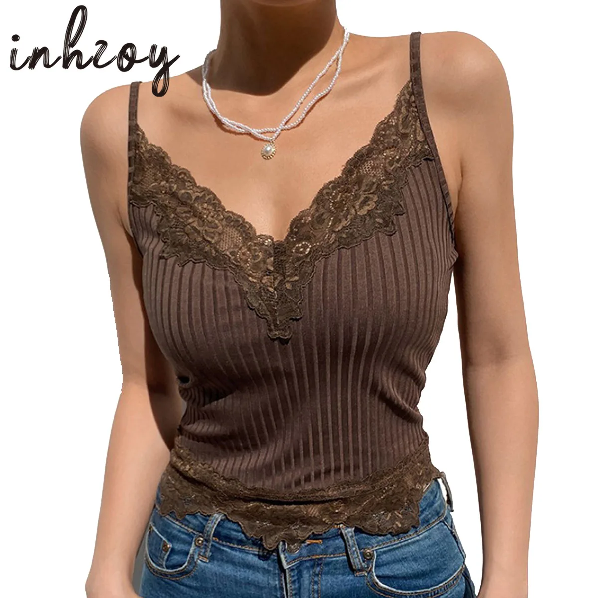 

Women Lace Trim Ribbed Tops Sexy Brown Casual Cami Vest Vintage 90s Y2K Crop Top Gobincore Fairy Grunge Aesthetic Clothes