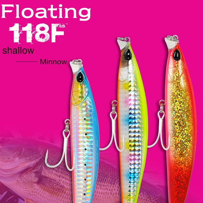 118F Shallow Range Floating Minnow 118mm 19g Long Casting Seabass Jerkbait Saltwater Big Hard Bait Wobbler Japan fishing tackle
118F Shallow Range Floating Minnow 118mm 19g Long Casting Seabass Jerkbait Saltwater Big Hard Bait Wobbler Japan fishing tackle