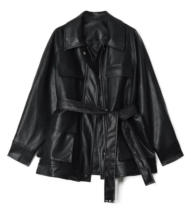 

Женская байкерская куртка из ПУ кожи, черная Базовая куртка большого размера с отложным воротником, весна-осень 2021