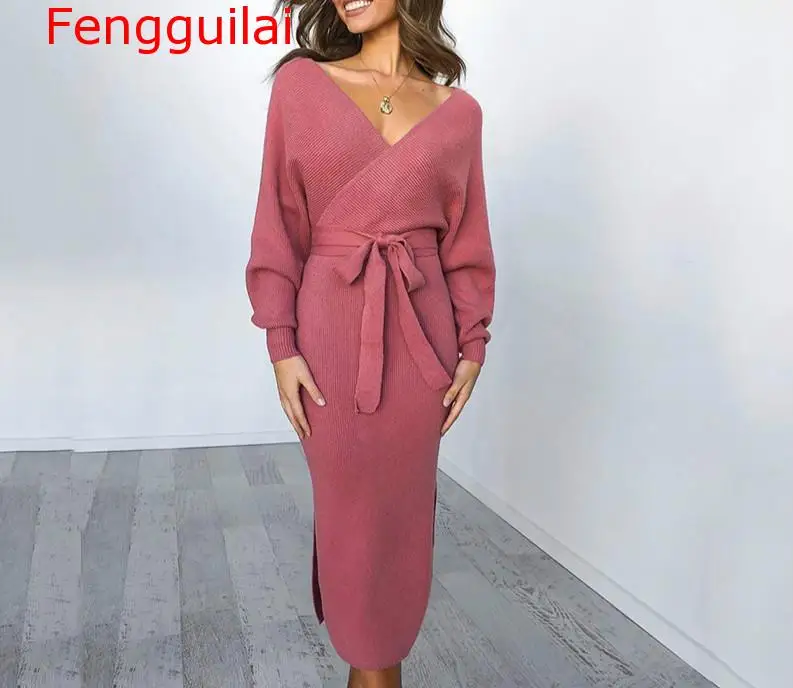 Women Knitted Sweater Dress Wrap Belted Tunic Midi Vestidos Long Sleeve Double V Neck Split Casual Autumn Dresses
Women Knitted Sweater Dress Wrap Belted Tunic Midi Vestidos Long Sleeve Double V Neck Split Casual Autumn Dresses
