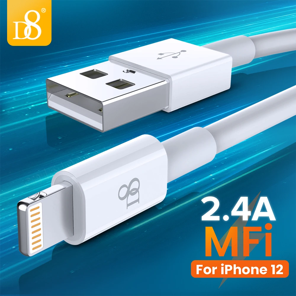 

USB-кабель D8 0,2 A MFi Lightning для iPhone 12 11 Pro Max XS X XR 8 7, USB-кабель для быстрой зарядки, кабель для зарядки и передачи данных 1/1/5 м