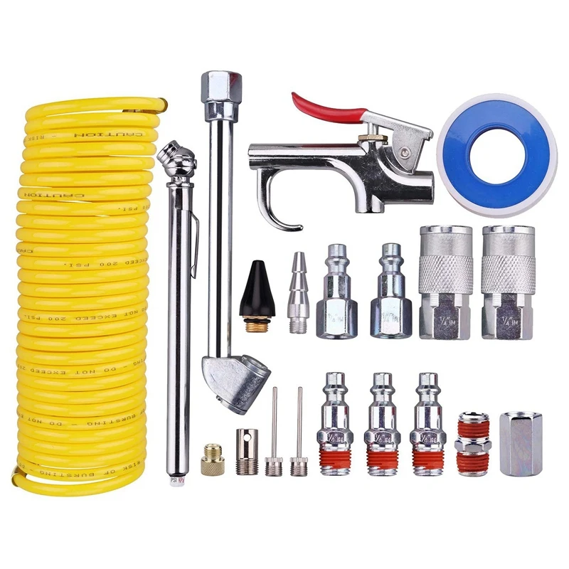 20 Pieces Air Compressor Accessory Kit, 1/4 Inch NPT Air Tool Kit with 1/4 Inch x 25Ft Coil Nylon Hose/Tire Gauge
20 Pieces Air Compressor Accessory Kit, 1/4 Inch NPT Air Tool Kit with 1/4 Inch x 25Ft Coil Nylon Hose/Tire Gauge