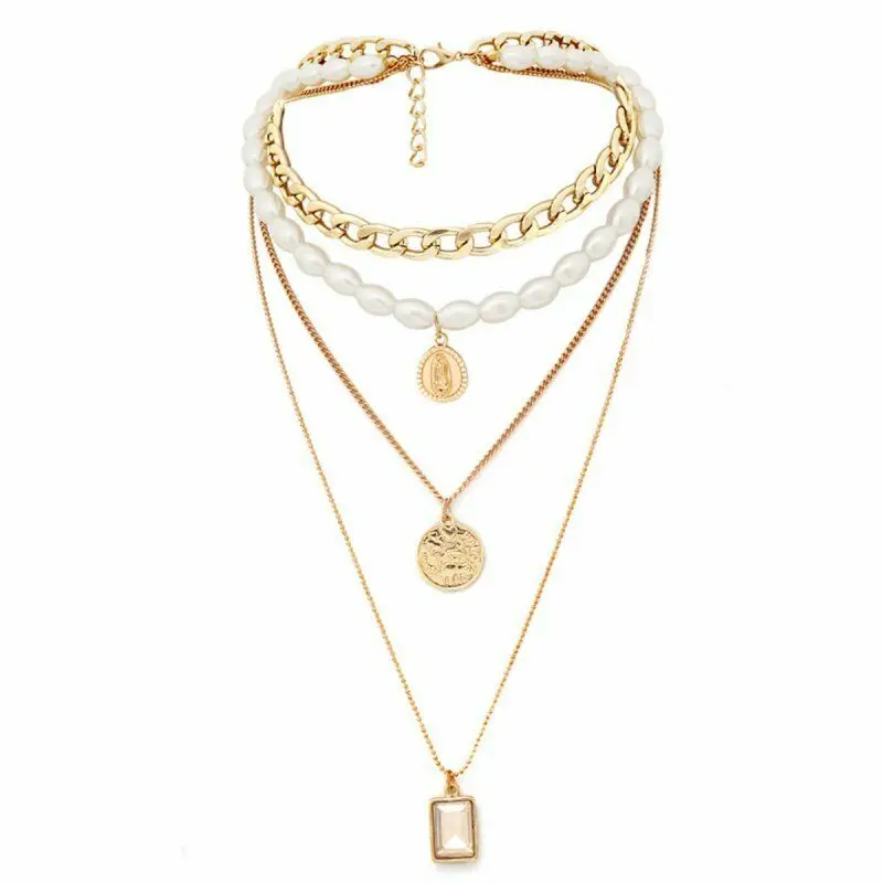 

Punk Gold Color Coin Pendant Necklace For Women Cuban Multilayered Chunky Thick Chain Choker Necklaces Gothtic Jewelry