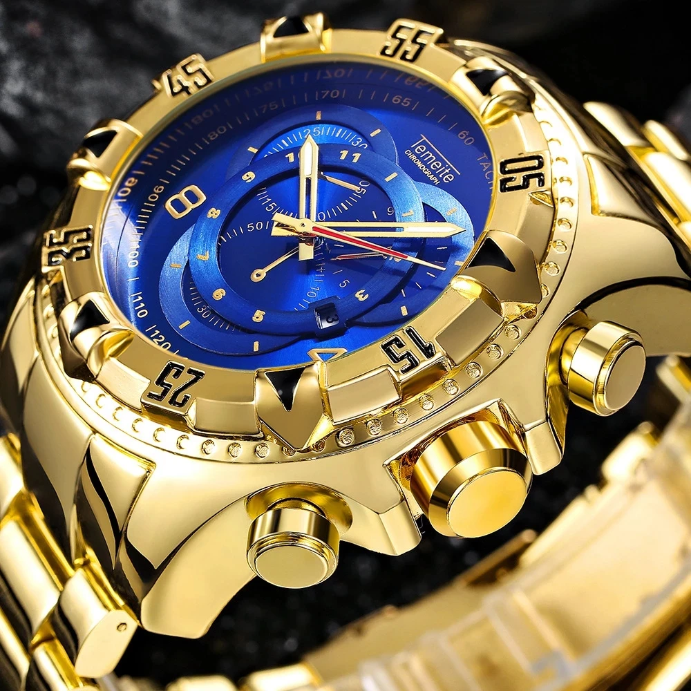 Часы Temeite Мужские Наручные с большим циферблатом брендовые золотистые