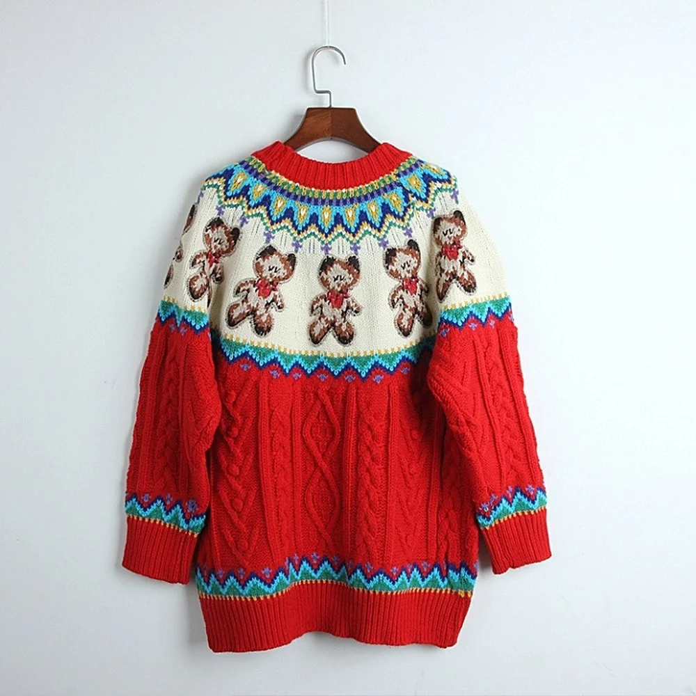 

Толстый свитер с крючком высокого качества, Рождественский мультяшный мишка тедди, о-образный вырез, длинный рукав, Красный пуловер, свитер,...