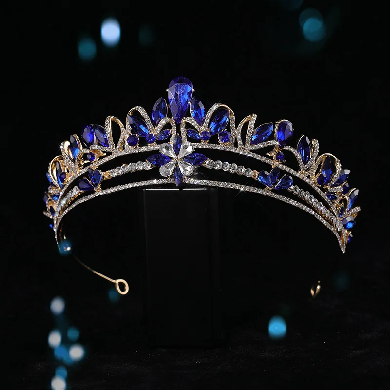 

Luxury Rhinestone Bridal Wedding Crown Layered Blue Gem Bride Tiaras Baroque Headdress Hair Jewelry Accessories HQ0808-4
