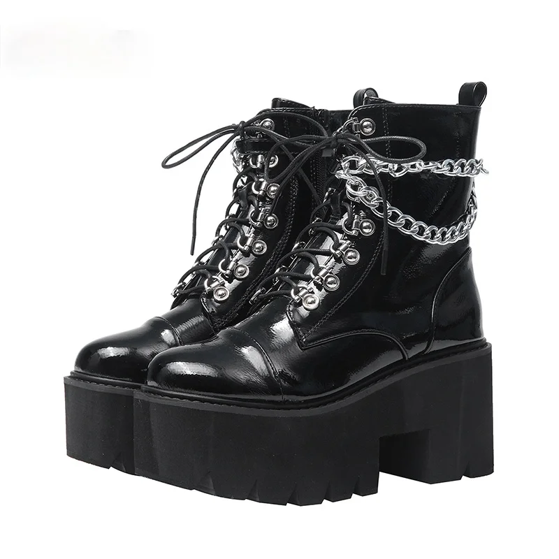 Leather Gothic Motorcycle Boots Women Heel Sexy Chain Chunky Heel Platform Boots Female Punk Style Ankle Boots Zipper High Boots
Leather Gothic Motorcycle Boots Women Heel Sexy Chain Chunky Heel Platform Boots Female Punk Style Ankle Boots Zipper High Boots
