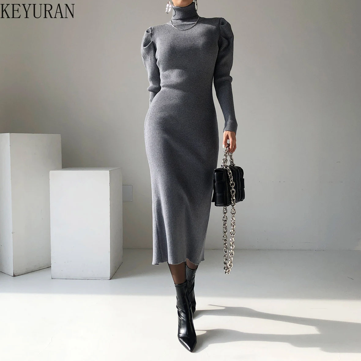 Sexy Slim Bodycon Dress for Women Chic Elegant Robe Puff Sleeve Turtleneck Knit Black Gray Long Sweater Dresses Woman Vestidos
Sexy Slim Bodycon Dress for Women Chic Elegant Robe Puff Sleeve Turtleneck Knit Black Gray Long Sweater Dresses Woman Vestidos
