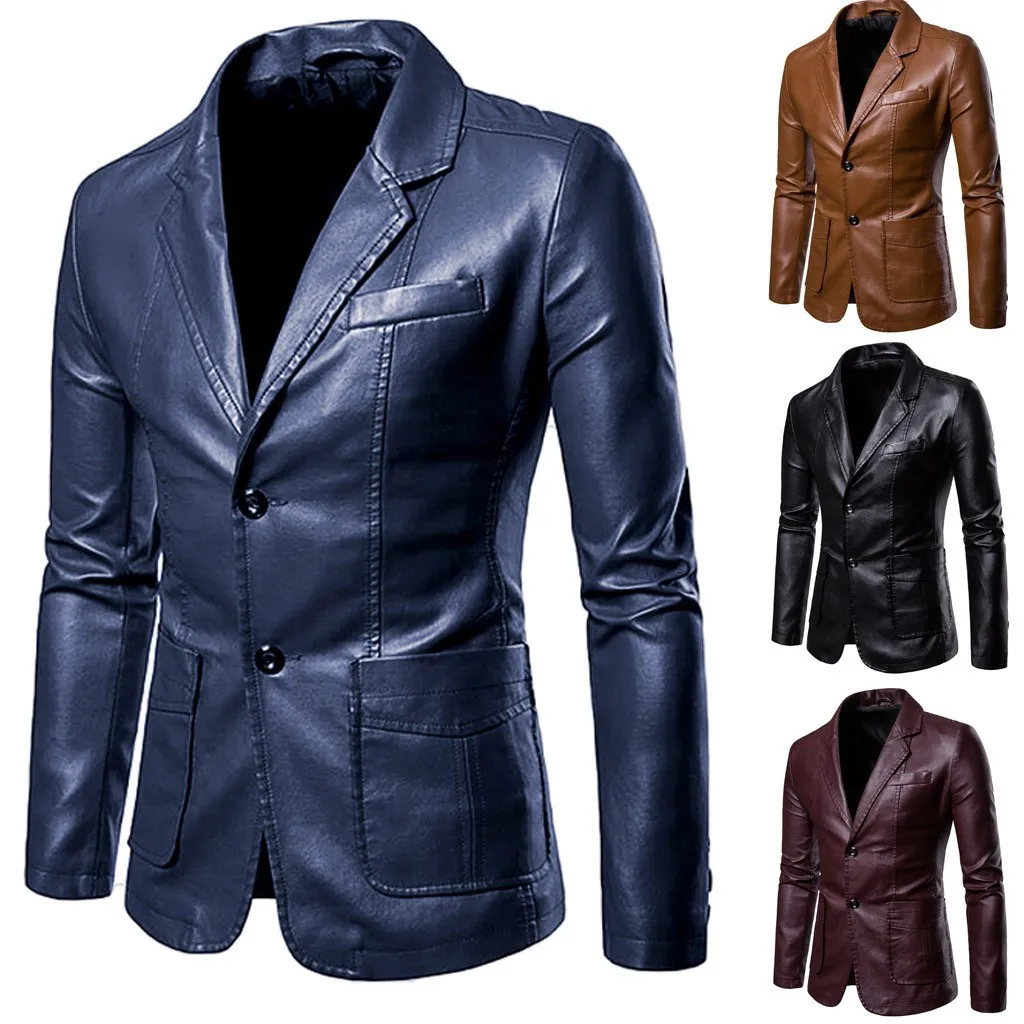 

Новинка 2021, мужская кожаная куртка, однобортный Блейзер, приталенный силуэт, Модный деловой Повседневный пиджак, однотонное Мужское пальто