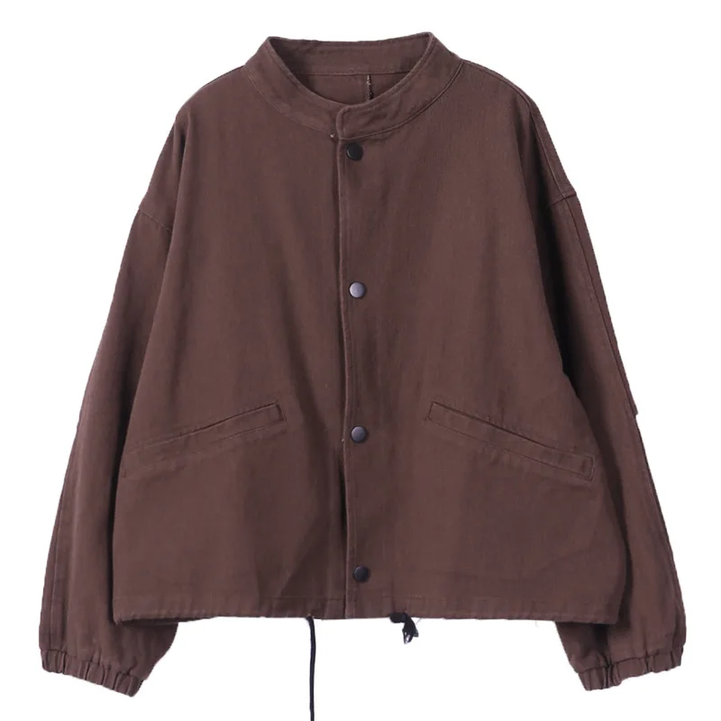 2020 Autumn women's Korean style loose large stand collar hem drawstring single-breasted twill cotton denim jacket dark green
2020 Autumn women's Korean style loose large stand collar hem drawstring single-breasted twill cotton denim jacket dark green