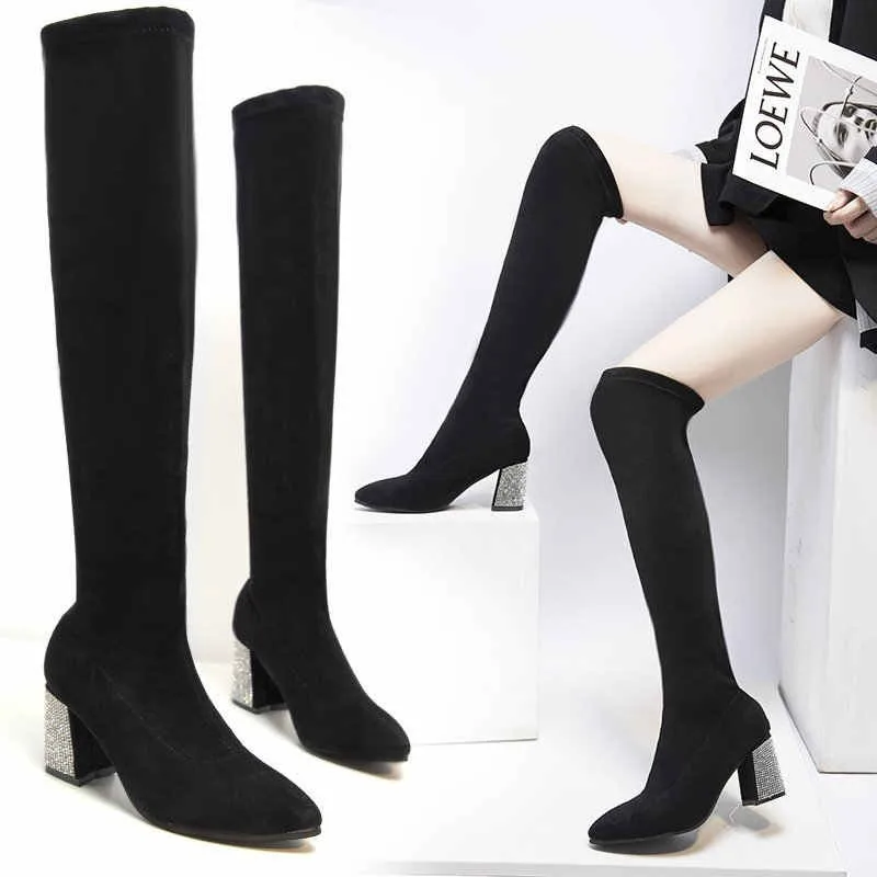 2021 Women's Boots Knee High Boots Square Crystal Heel High Heels Pointed Toe Sexy Elastic Thin Heel Boots Over The Knee Boots
2021 Women's Boots Knee High Boots Square Crystal Heel High Heels Pointed Toe Sexy Elastic Thin Heel Boots Over The Knee Boots