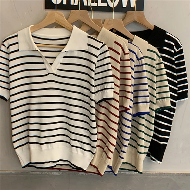 Women T-shirts Knitting Crop Tops Women Short Sleeve Loose Korean Fashion 2021 Summer T-shirts Stripes Tops For Women
Women T-shirts Knitting Crop Tops Women Short Sleeve Loose Korean Fashion 2021 Summer T-shirts Stripes Tops For Women