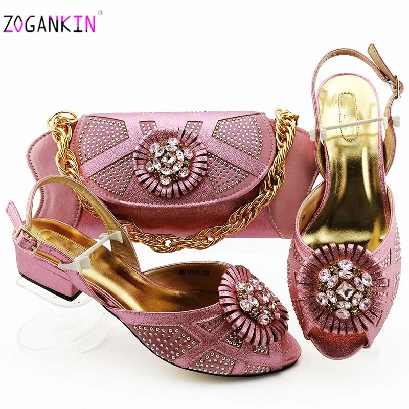 

Latest Design Nigerian Sandals with Matching Bags Set Decorated with Rhinestone Italian Peep Toe Shoes for Women Party Pumps