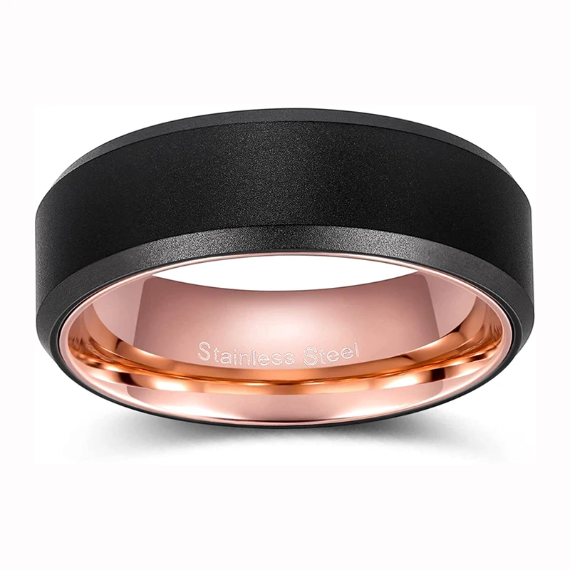

Мужское кольцо EAMTI 8 мм из нержавеющей стали, классическое обручальное кольцо черного и розового золота, двухцветное со скошенными краями, у...